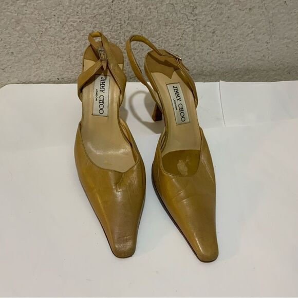 Jimmy Choo Size 38.5 (US 8.5 ) Tan Leather Pointed Toe Slingback Kitten Heels - Picture 1 of 8